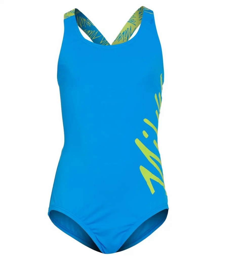 * Nike Girls' Script Logo Crossback One Piece Swimsuit (Big Kid) | Girls'